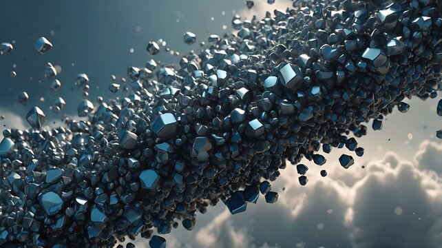 A cluster of metallic cubes floating in a cloudy sky creating an abstract and futuristic scene