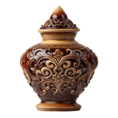 Elegant decorative ceramic vase with intricate patterns and lid, showcasing rich brown tones and ornate detailing. Perfect for home decor or as statement piece