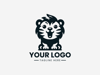 Fototapeta premium Adorable baby lion or tiger cub attempting a mighty roar in playful vector logo