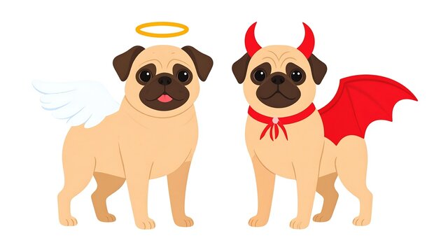 Pug dogs in angel and devil costumes
