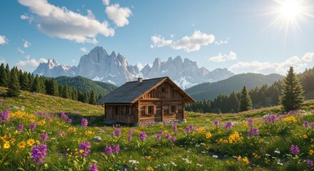 Fototapeta premium Alpine chalet nestled in a vibrant meadow, bathed in sunlight, overlooking majestic mountains