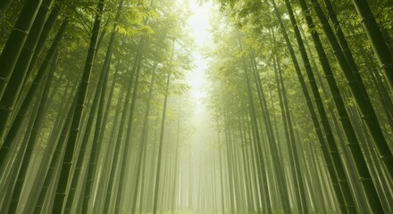 Sun shining through a bamboo forest canopy creating a serene, bright ambiance