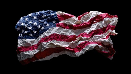 Crumpled American flag isolated on black background