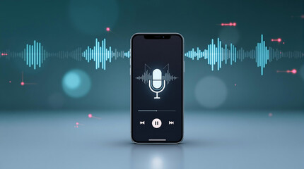 Audio recording app on smartphone with sound waves and microphone for podcasting use
