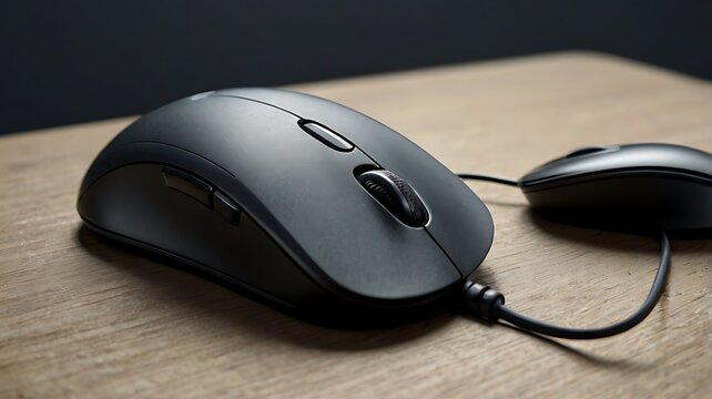 A close up shot of two black computer mice on a wooden desk with a dark background in soft focus