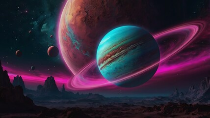 A vibrant space scene featuring planets rings stars and a rocky landscape in a colorful nebula