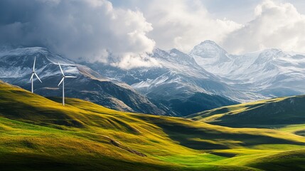Rolling hills meet snowy mountains, wind turbines stand tall