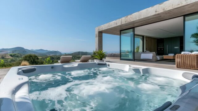 Luxurious villa with a jacuzzi, overlooking scenic hills. Captured from a low angle, perfect for a lifestyle video showcasing relaxation and elegance. Live desktop wallpaper.
