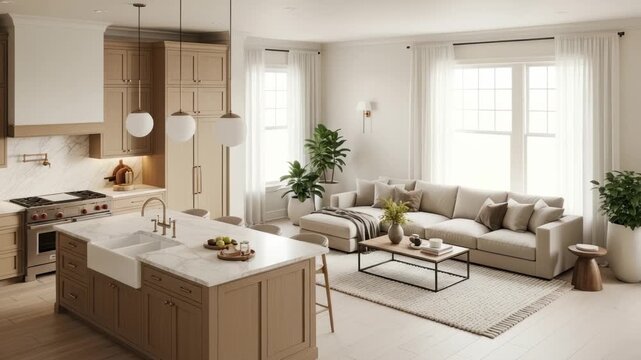 Elegant open-concept living space with modern kitchen island and comfortable lounge area designed