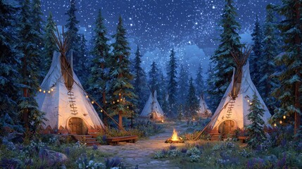 Night scene of a Native American village nestled in a pine forest under a starry sky