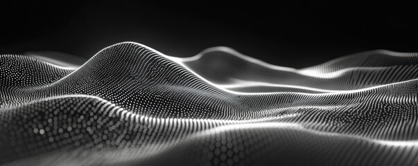 Abstract grayscale wave landscape; dark background; digital art; website banner