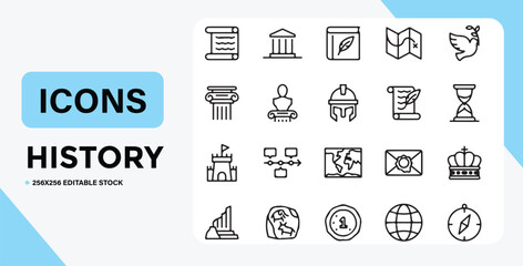 History and Archaeology Icon Set in Line Style for Design Projects