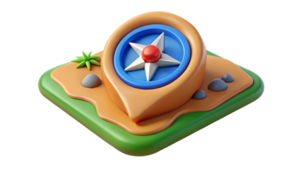 3D Compass on Stylized Island with Rocks and Greenery navigation direction