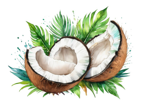 Watercolor style green coconut with leaves, juicy halved fruit illustration, paint splash detail, transparent background. - Powered by Adobe