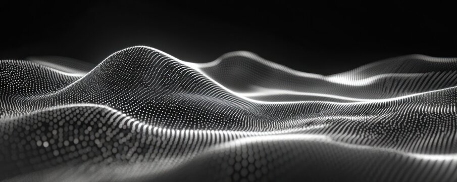 Abstract grayscale wave landscape; dark background; digital art; website banner