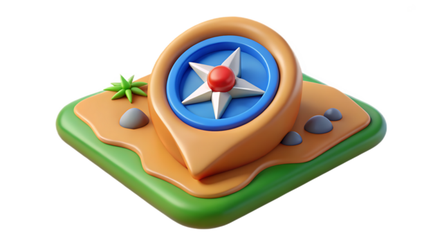 3D Compass on Stylized Island with Rocks and Greenery navigation direction