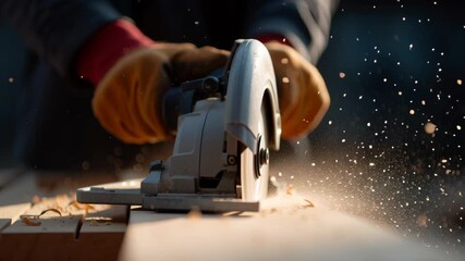 Carpenter using circular saw power tool cutting wood with flying sawdust and glowing particles in woodworking workshop environment close up