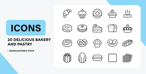 Bakery and pastry products line art icon set on white background
