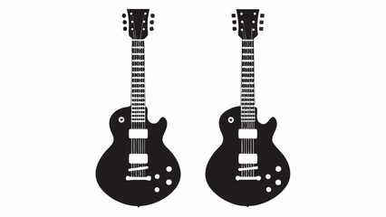 Fototapeta premium Two identical black electric guitars with visible strings and tuning pegs on a white background