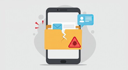 Urgent alert on smartphone showing damaged file folder with virus warning symbol and notification bubble, digital data corruption concept