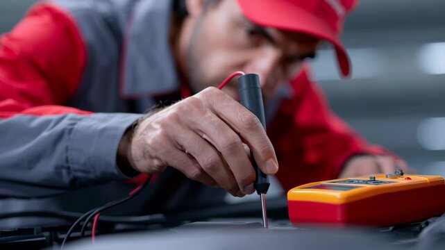 Electrician testing car battery and electrical system with multimeter probe close up of hand tool focused on maintenance work in workshop