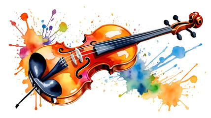 Fototapeta premium Hand-painted watercolor violin illustration with colorful splatter, musical clipart, transparent background.