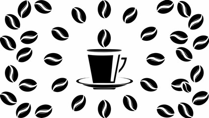 Obraz premium Illustration of a coffee cup on a saucer surrounded by coffee beans in a circular arrangement pattern silhouette