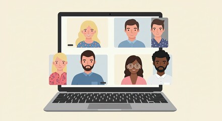 Diverse team collaborating virtually on laptop screen, celebrating connection and successful communication in modern remote work environment