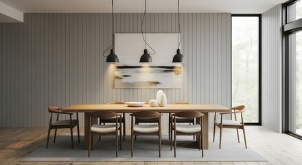 Elegant dining room featuring a long wooden table, chairs, and a striking abstract artwork above Shiplap Wall Panels