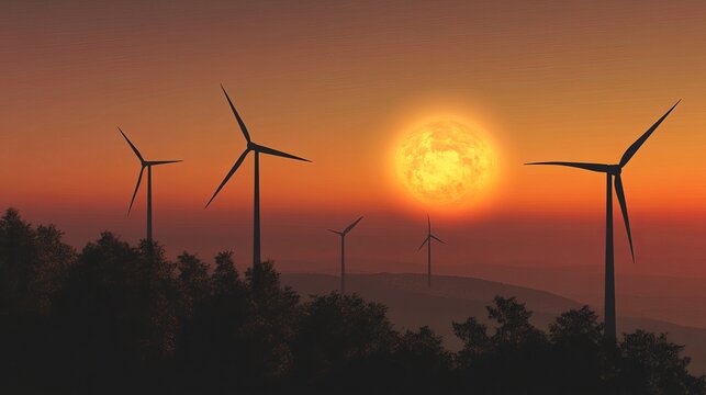 Silhouetted wind turbines on a hilltop at sunset
