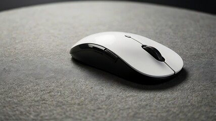 A close up shot of a white and black wireless computer mouse on a gray textured surface in soft lighting