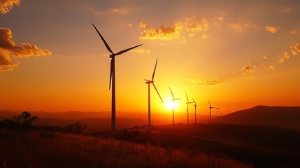 Wind turbines at sunset over a hilltop