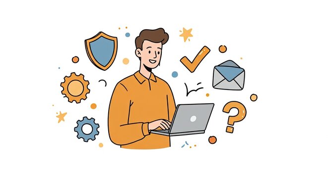 Focused man working on laptop surrounded by icons representing security, communication, and problem-solving, perfect for tech or business concepts