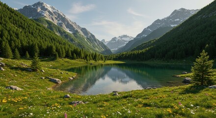Serene mountain lake nestled in a verdant valley, reflecting snow-capped peaks under a clear, bright sky; wildflowers bloom along its shores
