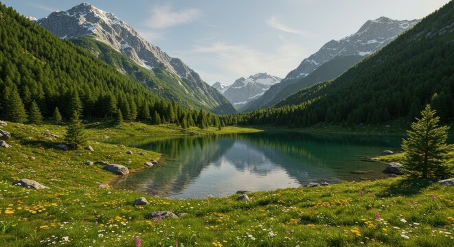 Serene mountain lake nestled in a verdant valley, reflecting snow-capped peaks under a clear, bright sky; wildflowers bloom along its shores - Powered by Adobe