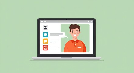 Friendly guy chats online via video call on laptop screen with communication icons, showcasing modern digital connection and remote interaction for business or personal use