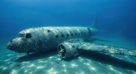 Sunken airplane wreckage lies on the sandy seabed underwater, covered in marine life and debris