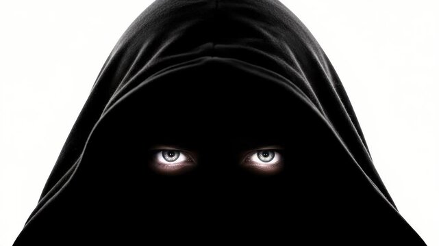 Mysterious hooded figures stare intensely with glowing eyes, creating a suspenseful mood evoking