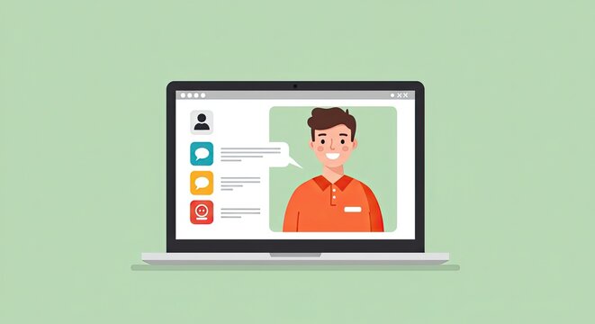 Friendly guy chats online via video call on laptop screen with communication icons, showcasing modern digital connection and remote interaction for business or personal use
