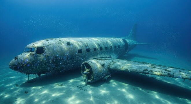 Sunken airplane wreckage lies on the sandy seabed underwater, covered in marine life and debris