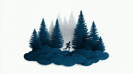 Obraz premium Silhouette of a person running amidst dark blue coniferous trees layered over clouds
