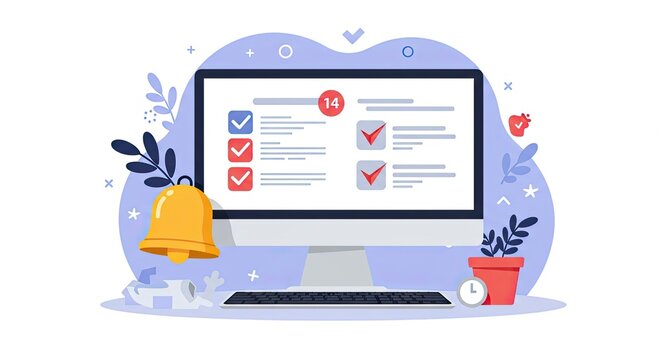 Digital dashboard displays completed tasks and upcoming notifications with a ringing bell and clock, symbolizing productivity and efficient time management in a modern workspace. - Powered by Adobe