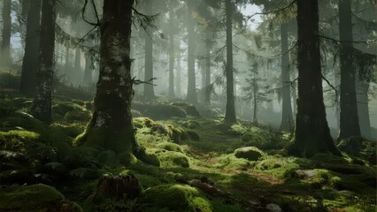 Fototapeta premium The picture shows a misty forest. Tall trees, moss - covered ground and rocks create a quiet and vibrant natural atmosphere in the hazy light.