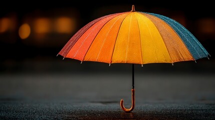 Colorful umbrella with water droplets resting on a dark wet surface with blurred background lights