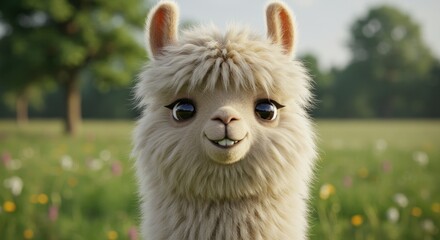 Obraz premium A fluffy llama with big, expressive eyes and a gentle smile gazes directly at the viewer, set against a blurred meadow backdrop