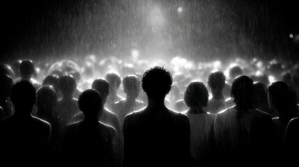 Naklejka premium Silhouetted crowd bathed in light amidst pouring rain dramatic atmosphere