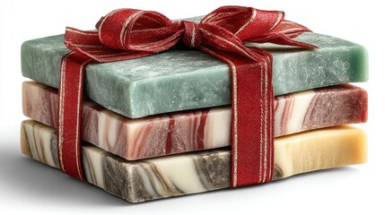 Stack of artisan soaps tied with a red ribbon