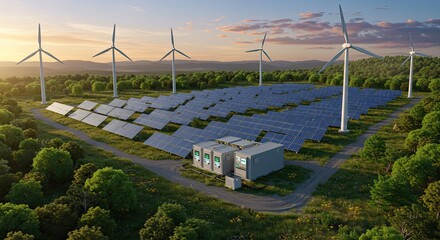 Harnessing nature's power this expansive renewable energy farm combines solar panels and wind turbines under a warm, golden sky, symbolizing a sustainable future and clean energy innovation.