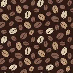 Seamless coffee bean pattern on dark brown background, vector illustration, flat design. Graphic background color element for decoration, packaging, fabric, wrapping paper. Dynamic abstract drawing