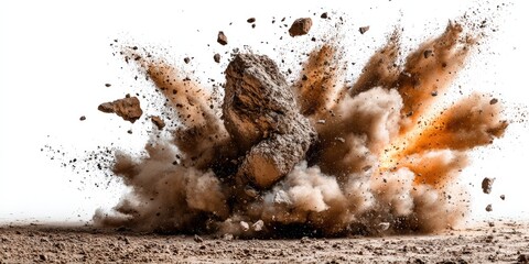 Brown rock explosion against white